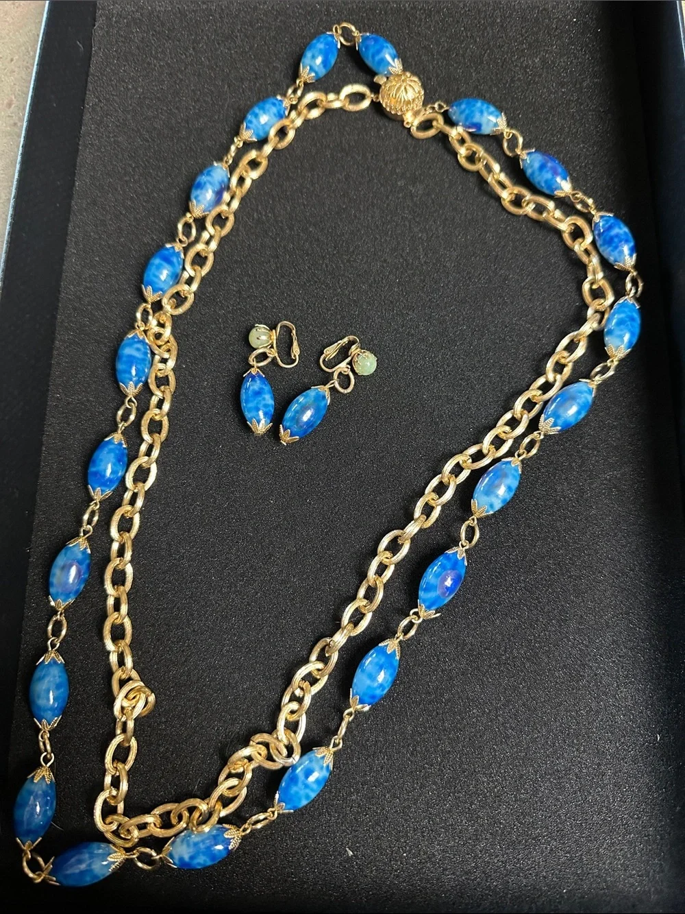 Vintage Hong Kong Multi Strand Blue Marbled Bead Necklace & Earring Set